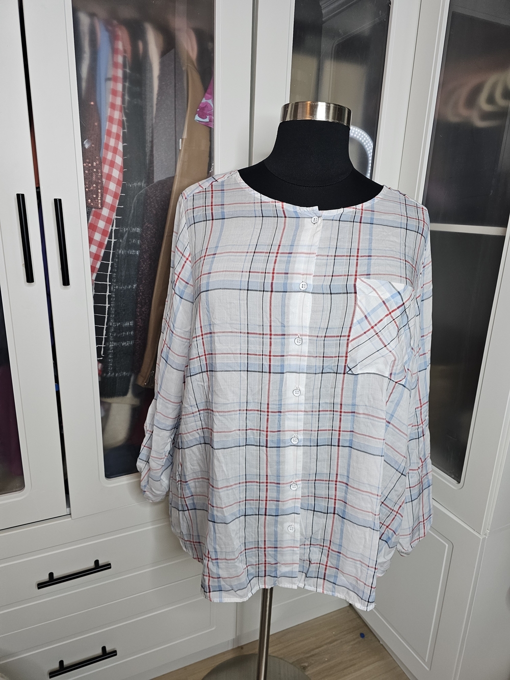 Foxcroft White Plaid Shirt with Red and Light Blue Stripes